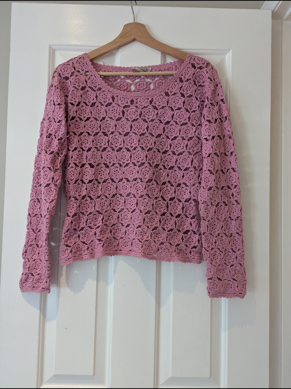 Vintage Ports International Coquette Soft Blush Pink Crochet Sweater Top Fairy S